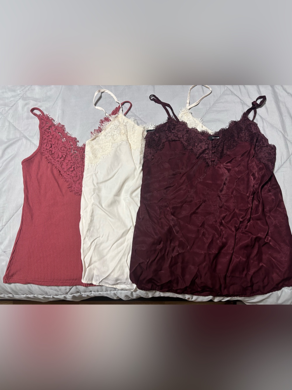 mittoshop Lace-Trim Camisole Set in Rose, Ivory, and Burgundy